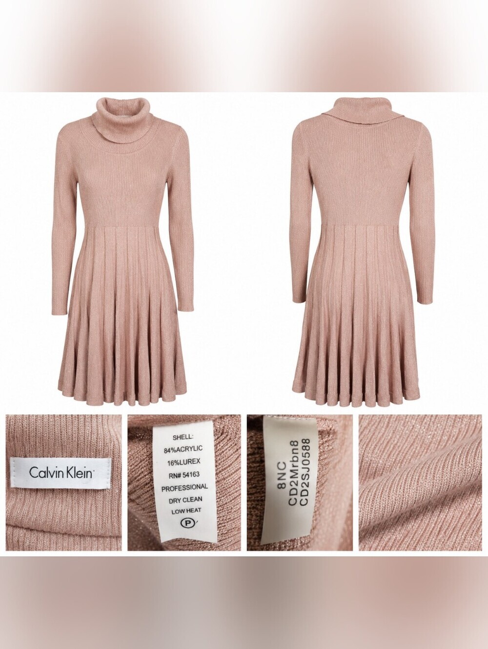 Calvin Klein Sweater Dress S Pink Metallic Ribbed Turtleneck Fit Flare Knit.